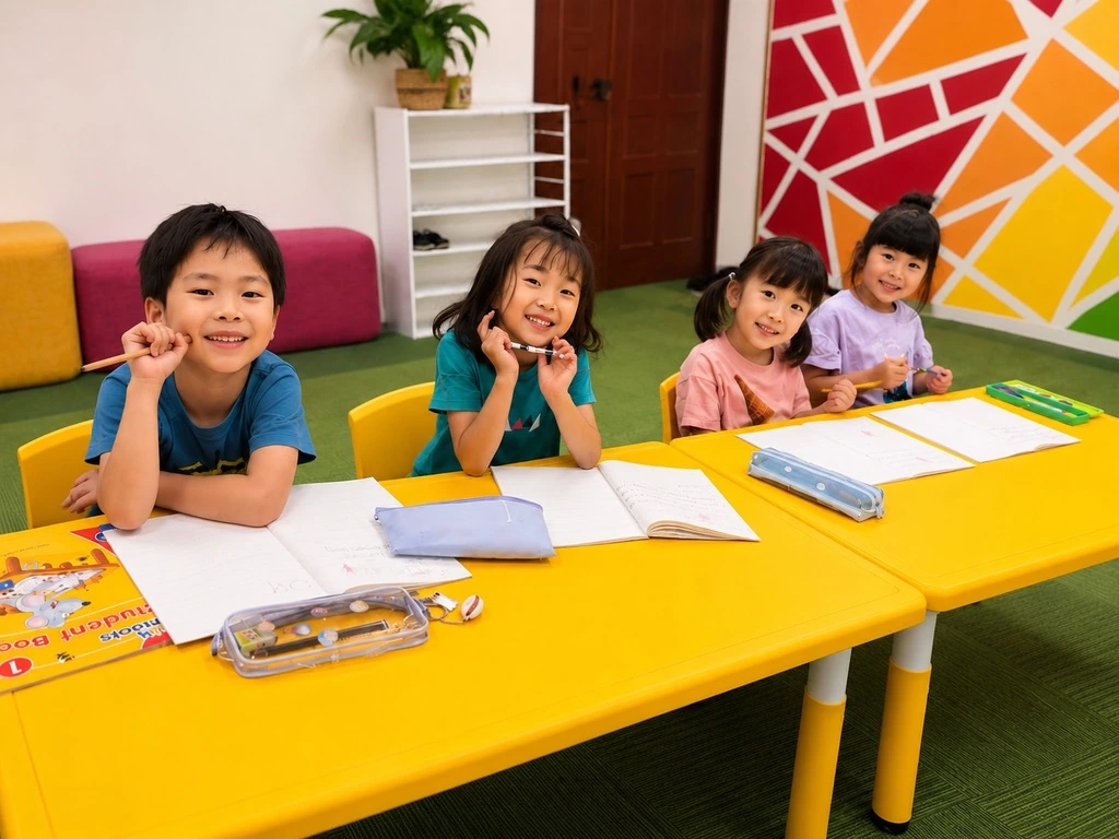 Home 6 駅南教室でノートを広げ、笑顔で英語を学ぶ子どもたち